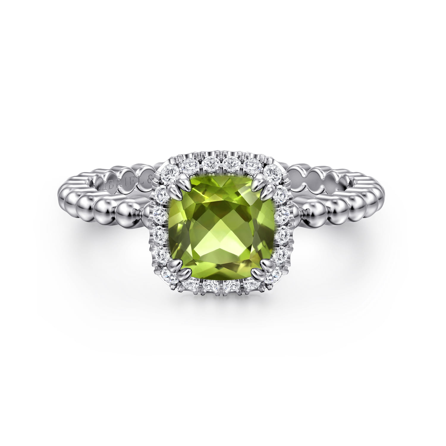 Promise Ring - 14K White Gold Cushion Cut Peridot and Diamond Halo Promise Ring - 0.1 ct - Shot 1