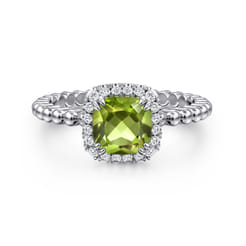 Promise Ring - 14K White Gold Cushion Cut Peridot and Diamond Halo Promise Ring