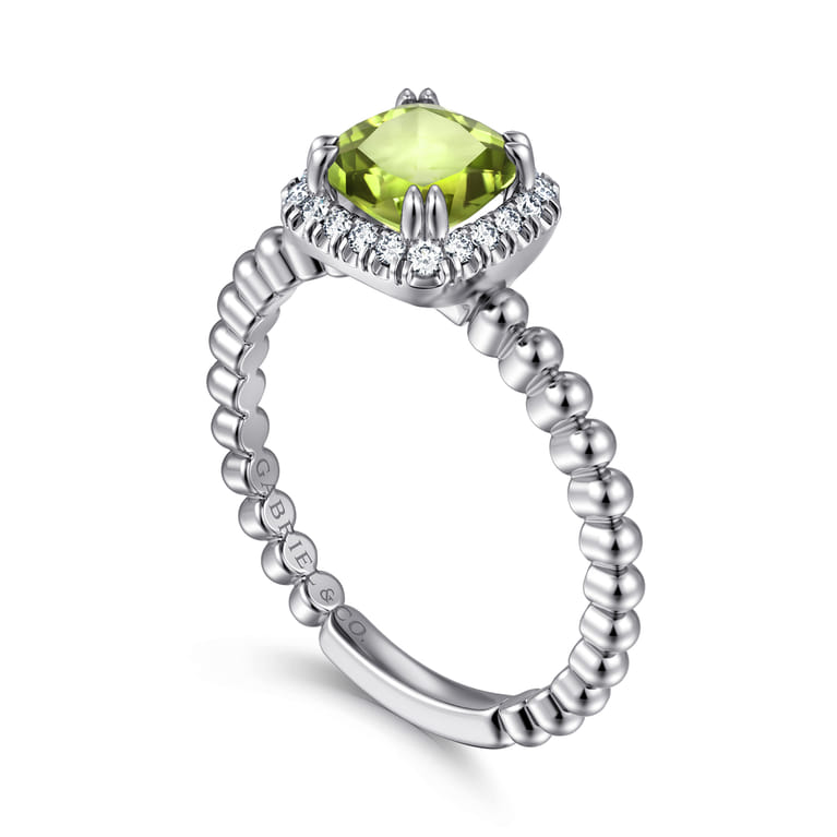 Promise Ring - 14K White Gold Cushion Cut Peridot and Diamond Halo Promise Ring - 0.1 ct - Shot 3