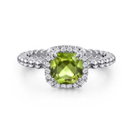 Promise Ring - 14K White Gold Cushion Cut Peridot and Diamond Halo Ring