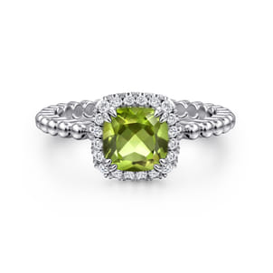 Promise Ring - 14K White Gold Cushion Cut Peridot and Diamond Halo Ring