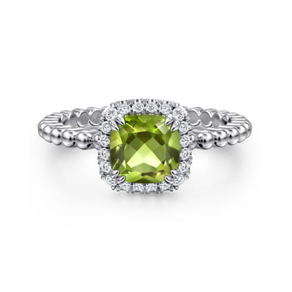 Promise Ring - 14K White Gold Cushion Cut Peridot and Diamond Halo Ring