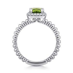 Promise Ring - 14K White Gold Cushion Cut Peridot and Diamond Halo Ring