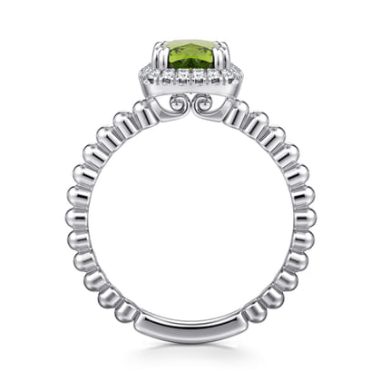 Promise Ring - 14K White Gold Cushion Cut Peridot and Diamond Halo Ring