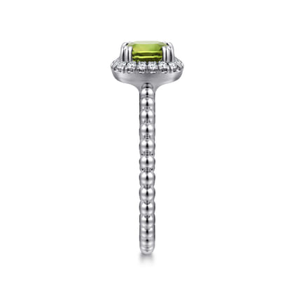 Promise Ring - 14K White Gold Cushion Cut Peridot and Diamond Halo Ring