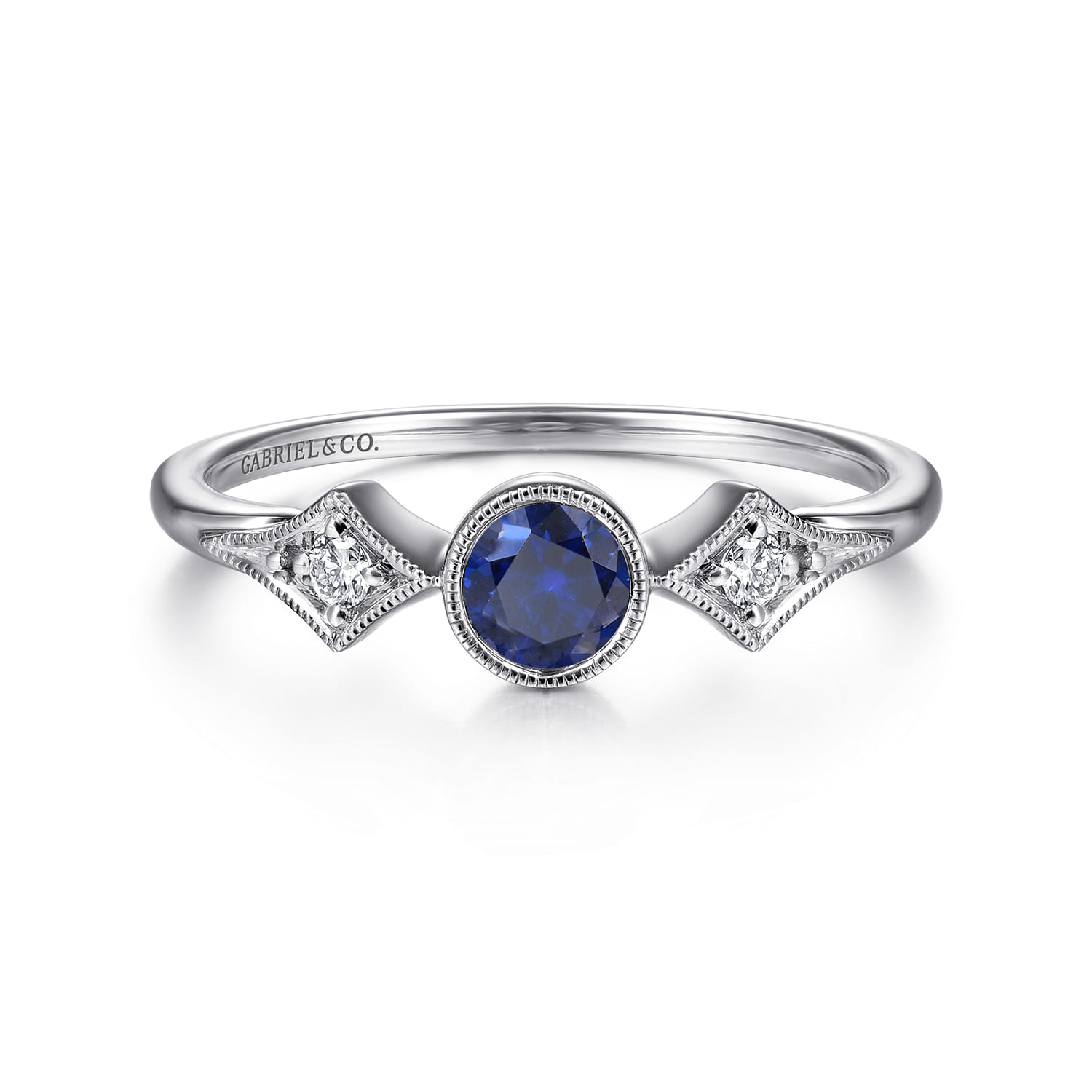 Promise Ring - 14K White Gold Diamond and Sapphire 3 Stone Promise Ring - 0.05 ct - Shot 1