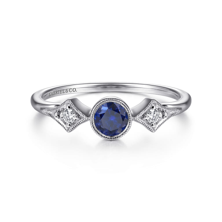 Promise Ring - 14K White Gold Diamond and Sapphire 3 Stone Promise Ring - 0.05 ct - Shot 1