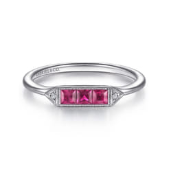 Promise Ring - 14K White Gold Diamond and Trio Princess Cut Ruby Ladies Ring