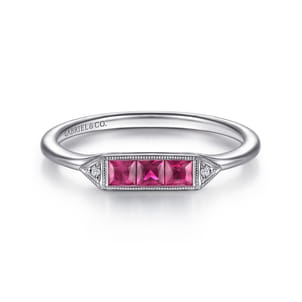 Promise Ring - 14K White Gold Diamond and Trio Princess Cut Ruby Ladies Ring