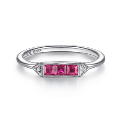 Promise Ring - 14K White Gold Diamond and Trio Princess Cut Ruby Ladies Ring