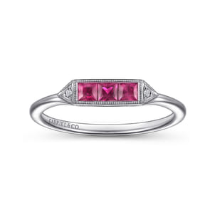 Promise Ring - 14K White Gold Diamond and Trio Princess Cut Ruby Ladies Ring
