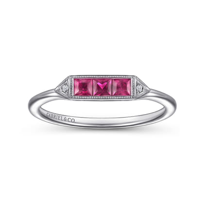Promise Ring - 14K White Gold Diamond and Trio Princess Cut Ruby Promise Ring