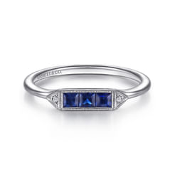 Promise Ring - 14K White Gold Diamond and Trio Princess Cut Sapphire Ladies Ring