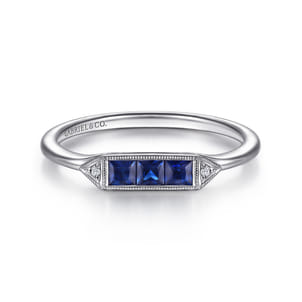 Promise Ring - 14K White Gold Diamond and Trio Princess Cut Sapphire Ladies Ring
