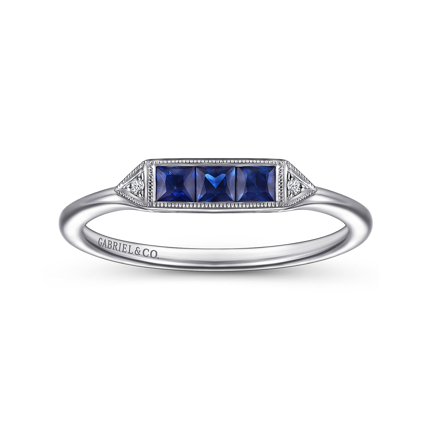 Promise Ring - 14K White Gold Diamond and Trio Princess Cut Sapphire Ladies Ring