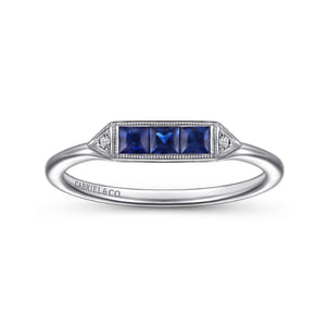 Promise Ring - 14K White Gold Diamond and Trio Princess Cut Sapphire Ladies Ring