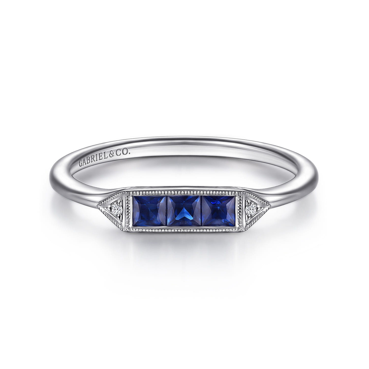 Promise Ring - 14K White Gold Diamond and Trio Princess Cut Sapphire Promise Ring - 0.01 ct - Shot 1