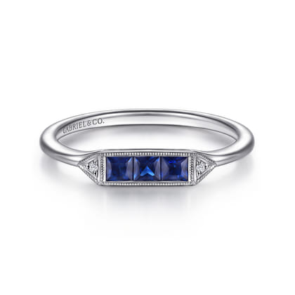 Promise Ring - 14K White Gold Diamond and Trio Princess Cut Sapphire Promise Ring