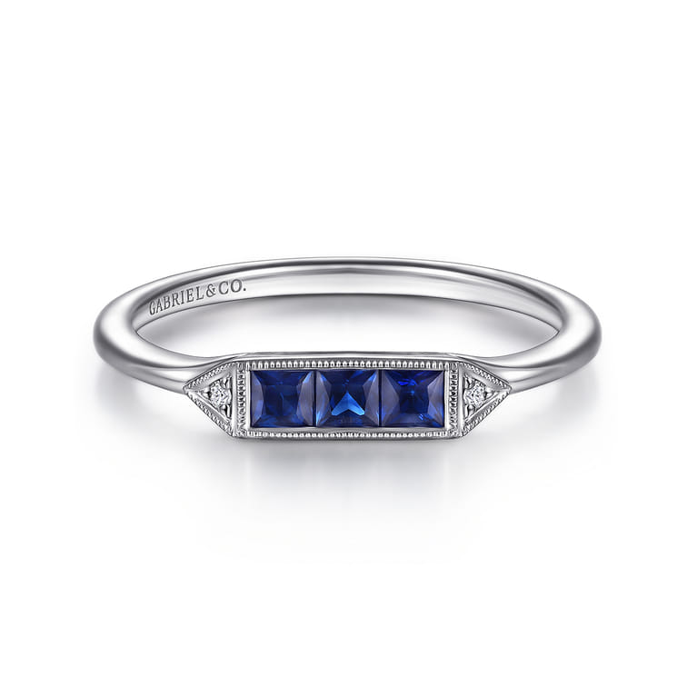 Promise Ring - 14K White Gold Diamond and Trio Princess Cut Sapphire Promise Ring - 0.01 ct - Shot 1
