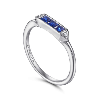 Promise Ring - 14K White Gold Diamond and Trio Princess Cut Sapphire Promise Ring