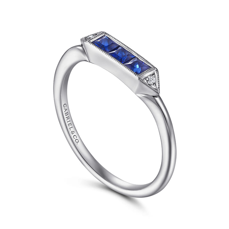 Promise Ring - 14K White Gold Diamond and Trio Princess Cut Sapphire Promise Ring - 0.01 ct - Shot 3