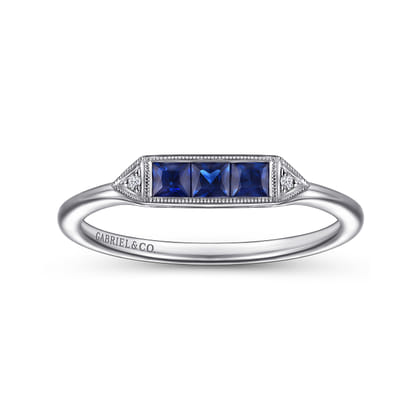 Promise Ring - 14K White Gold Diamond and Trio Princess Cut Sapphire Promise Ring
