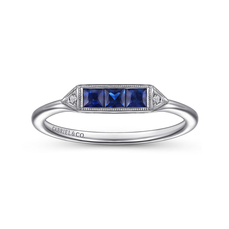 Promise Ring - 14K White Gold Diamond and Trio Princess Cut Sapphire Promise Ring - 0.01 ct - Shot 4