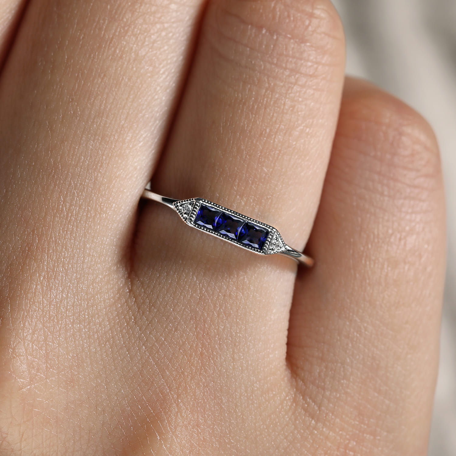 Promise Ring - 14K White Gold Diamond and Trio Princess Cut Sapphire Promise Ring - 0.01 ct - Shot 5