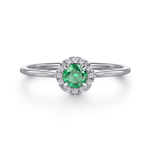 Promise Ring - 14K White Gold Emerald and Diamond Halo Ring