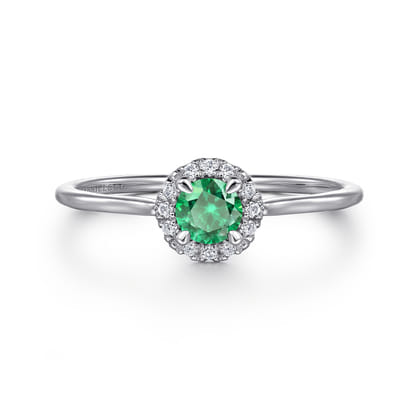 Promise Ring - 14K White Gold Emerald and Diamond Halo Ring