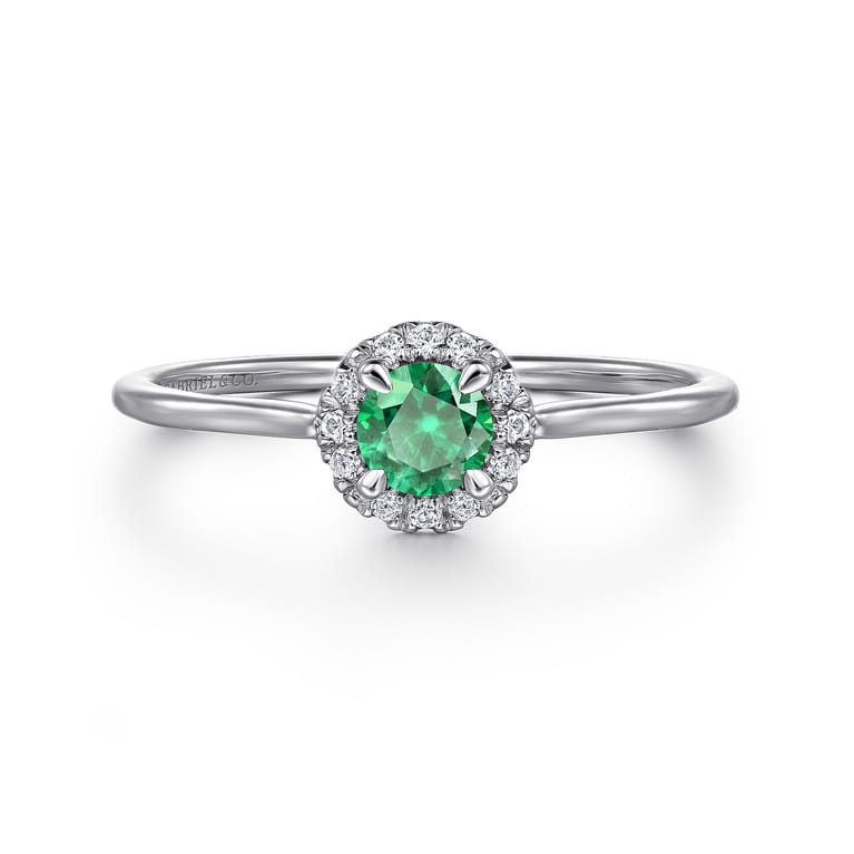 Promise Ring - 14K White Gold Emerald and Diamond Halo Ring - 0.06 ct - Shot 1