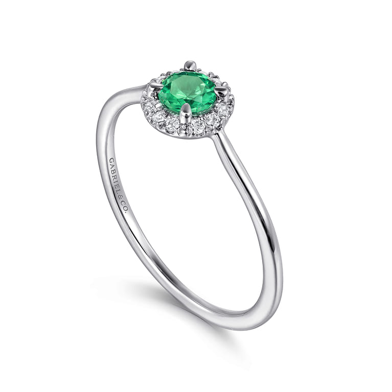 Promise Ring - 14K White Gold Emerald and Diamond Halo Ring - 0.06 ct - Shot 3