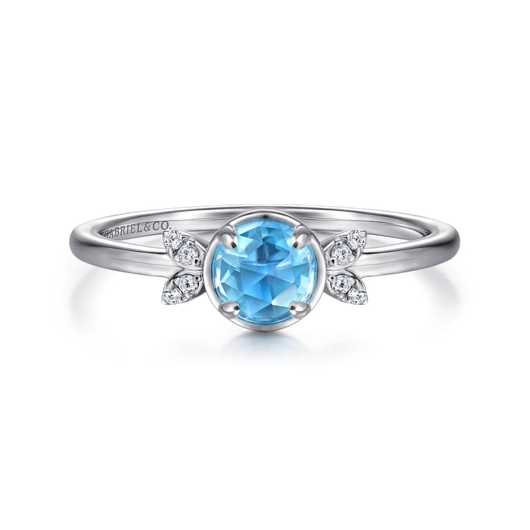 Promise Ring - 14K White Gold Floral Blue Topaz Diamond Promise Ring - 0.04 ct - Shot 1