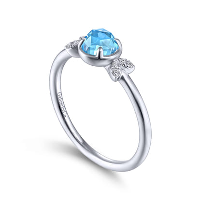Promise Ring - 14K White Gold Floral Blue Topaz Diamond Promise Ring