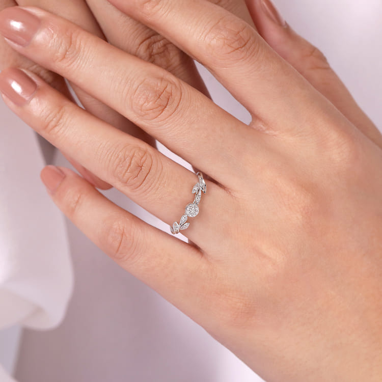 Promise Ring - 14K White Gold Floral Diamond Stackable Promise Ring