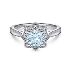 Promise Ring - 14K White Gold Flower Halo Aquamarine and Diamond Promise Ring