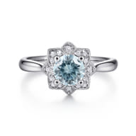 Promise Ring - 14K White Gold Flower Halo Aquamarine and Diamond Promise Ring