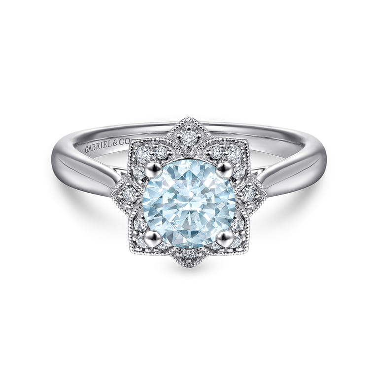 Promise Ring - 14K White Gold Flower Halo Aquamarine and Diamond Promise Ring - 0.09 ct - Shot 1