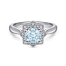 Promise Ring - 14K White Gold Flower Halo Aquamarine and Diamond Promise Ring - 0.09 ct