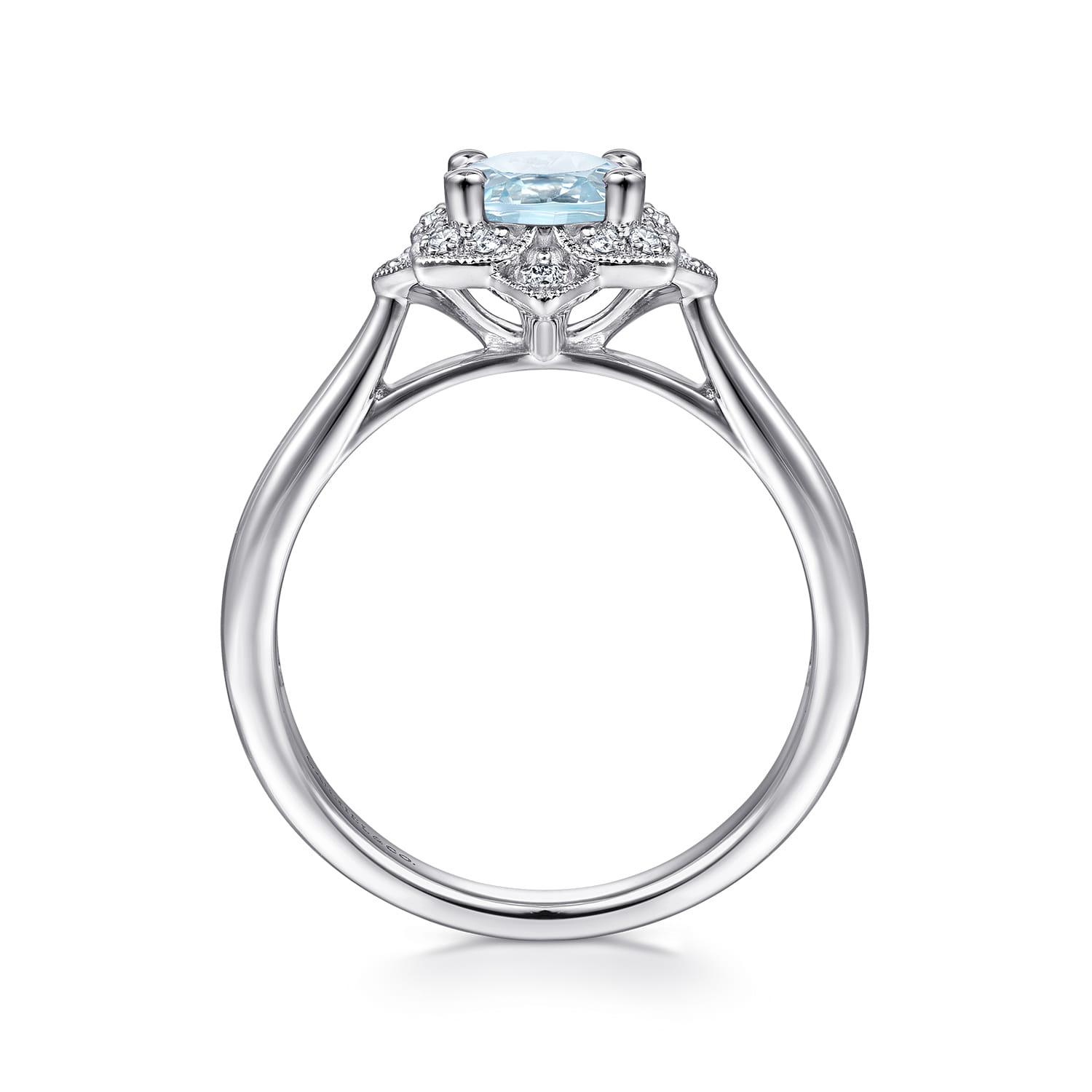 Promise Ring - 14K White Gold Flower Halo Aquamarine and Diamond Promise Ring - 0.09 ct - Shot 2