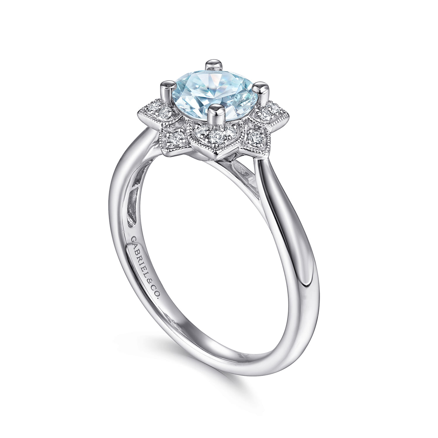 Promise Ring - 14K White Gold Flower Halo Aquamarine and Diamond Promise Ring - 0.09 ct - Shot 3