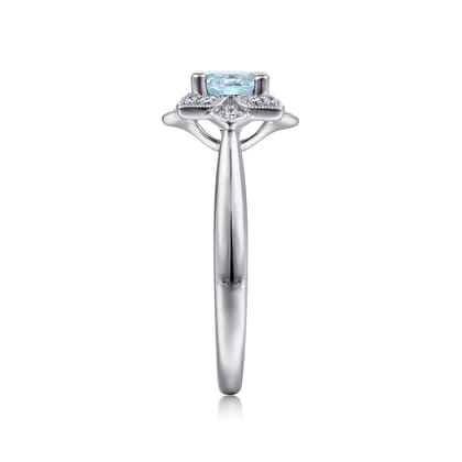 Promise Ring - 14K White Gold Flower Halo Aquamarine and Diamond Promise Ring