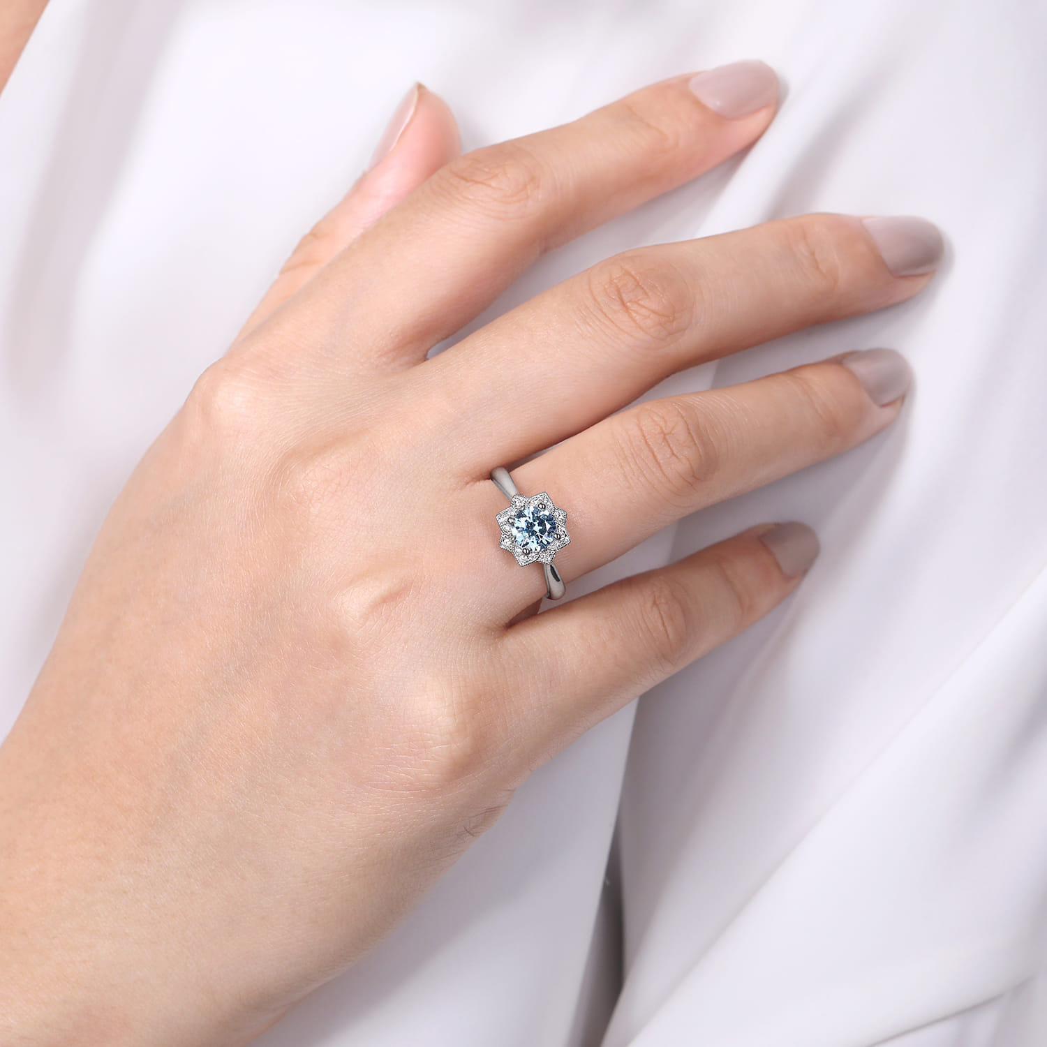 Promise Ring - 14K White Gold Flower Halo Aquamarine and Diamond Promise Ring - 0.09 ct - Shot 5