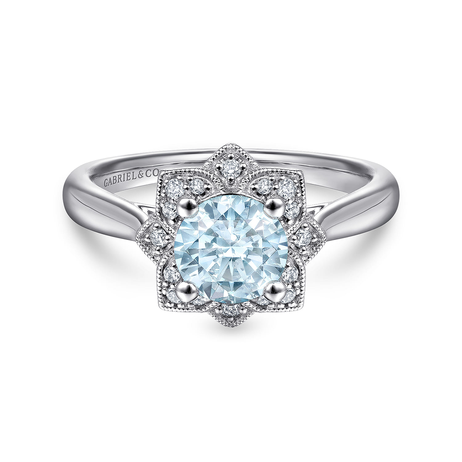Promise Ring - 14K White Gold Flower Halo Aquamarine and Diamond Ring