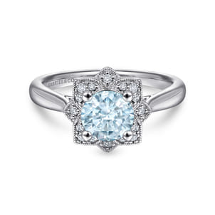 Promise Ring - 14K White Gold Flower Halo Aquamarine and Diamond Ring