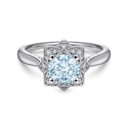 Promise Ring - 14K White Gold Flower Halo Aquamarine and Diamond Ring