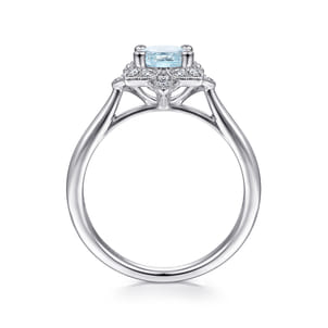Promise Ring - 14K White Gold Flower Halo Aquamarine and Diamond Ring