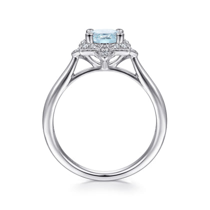 Promise Ring - 14K White Gold Flower Halo Aquamarine and Diamond Ring