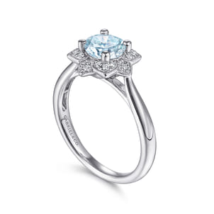 Promise Ring - 14K White Gold Flower Halo Aquamarine and Diamond Ring