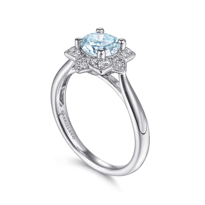 Promise Ring - 14K White Gold Flower Halo Aquamarine and Diamond Ring